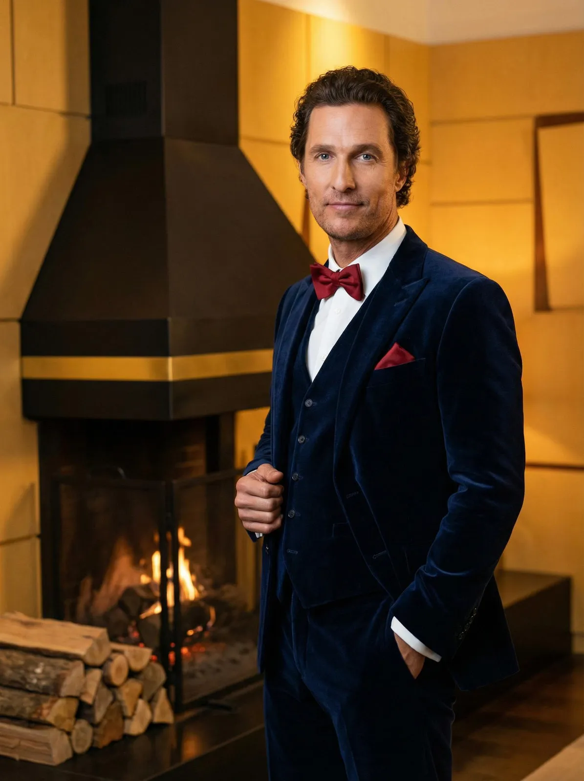Navy Velvet Fireplace Portrait