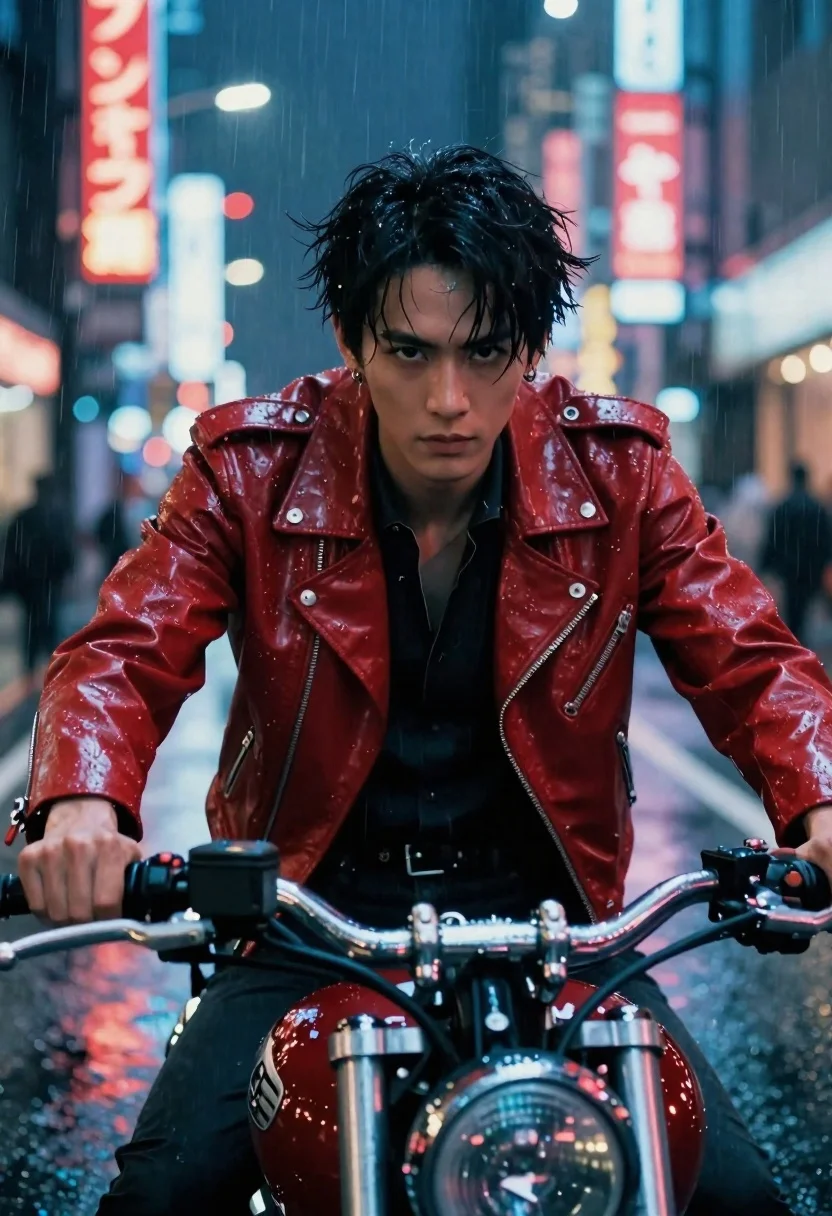 Cinematic Shot Young Man Riding Motorcycle Through Rainy City Street reference photo