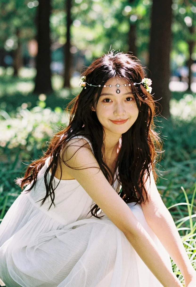 Young Woman With Long Dark Hair Sits Sun-dappled Forest Clearing