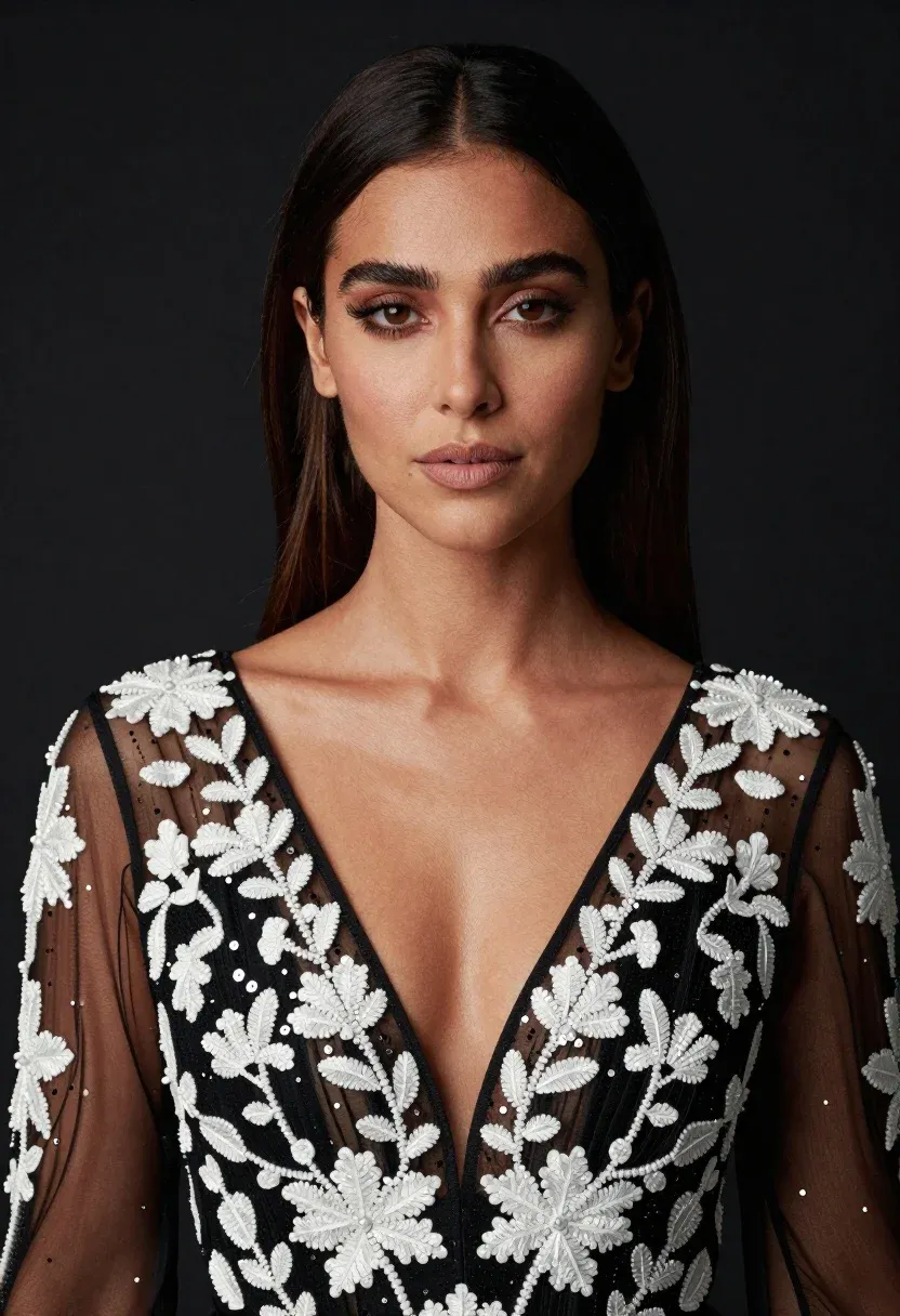 Confident Woman With Dark Hair And Deep V-neckline Gazes Directly