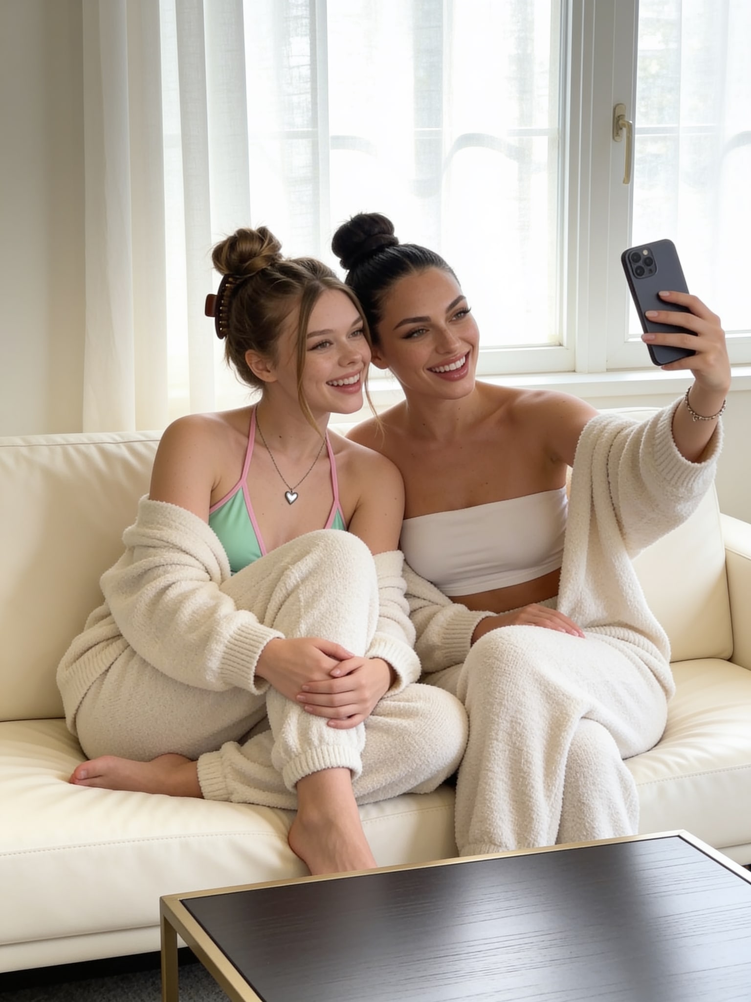 Mila and Lily Daytime Sofa Lounge Selfie