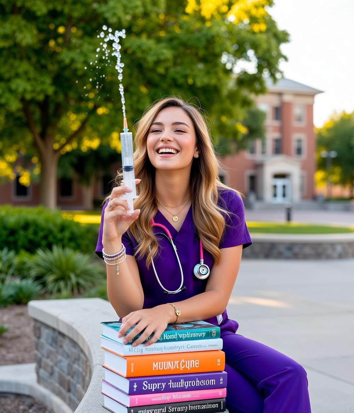 Young Woman Purple Scrubs Stone Wall Smile