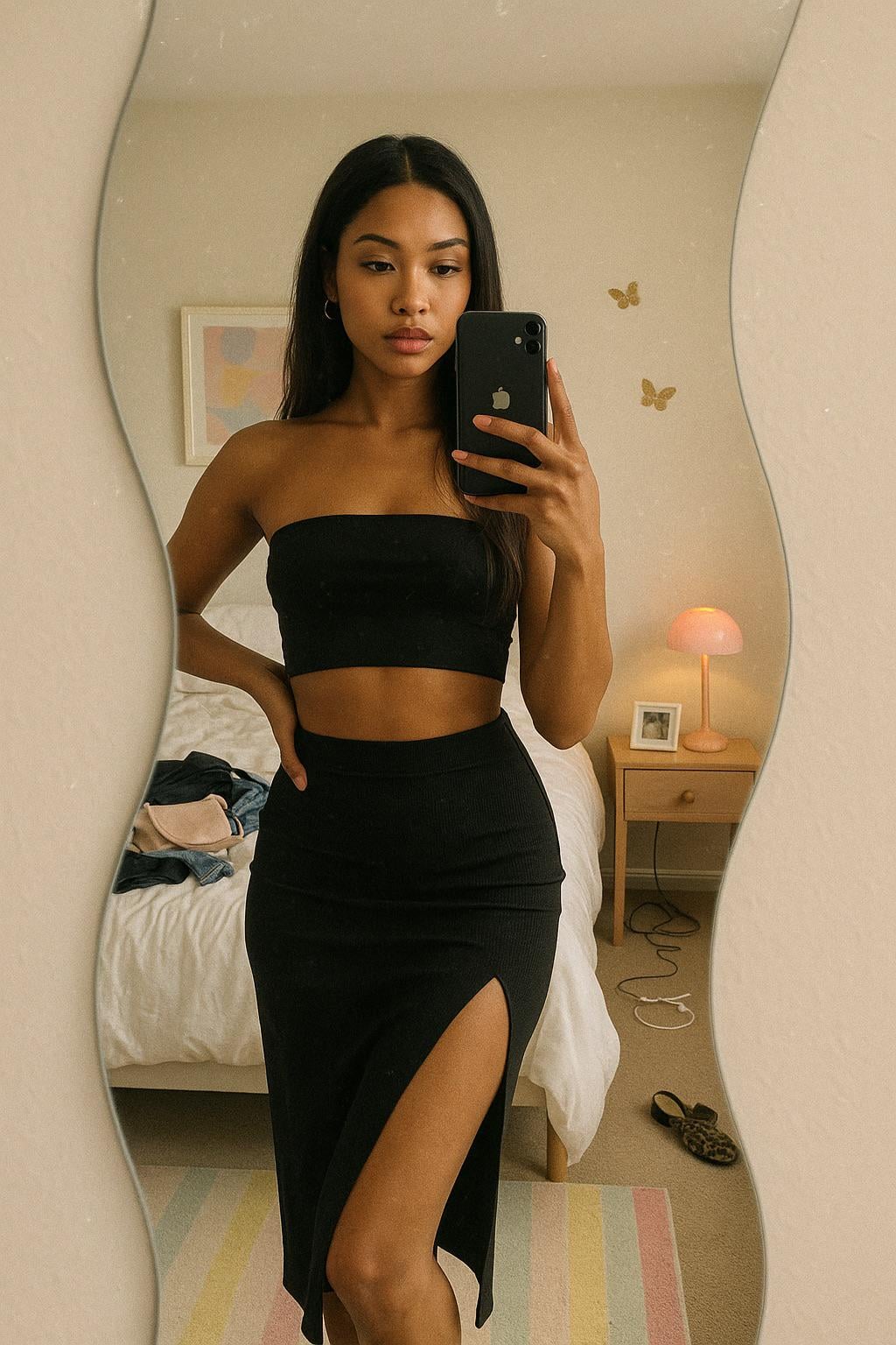 Mirror Selfie Black Tube Top Midi Skirt Bedroom