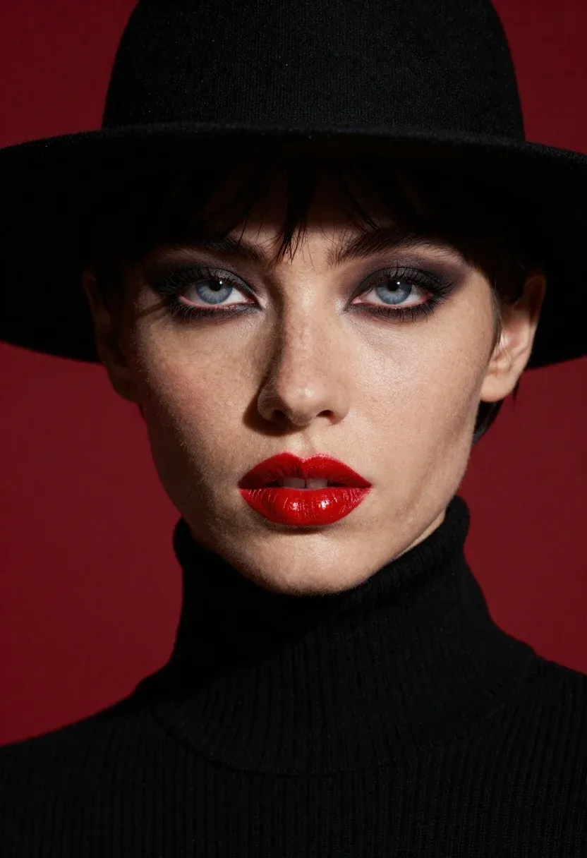 High-fashion Editorial Portrait Woman Dramatic Chiaroscuro Lighting Against Vivid Red