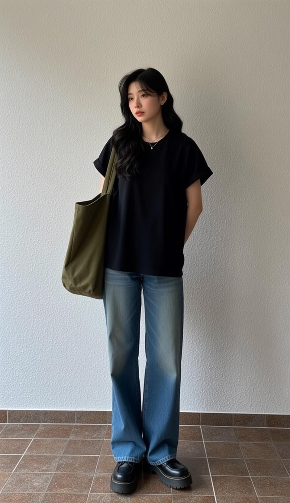 Black Tee Wide Leg Jeans