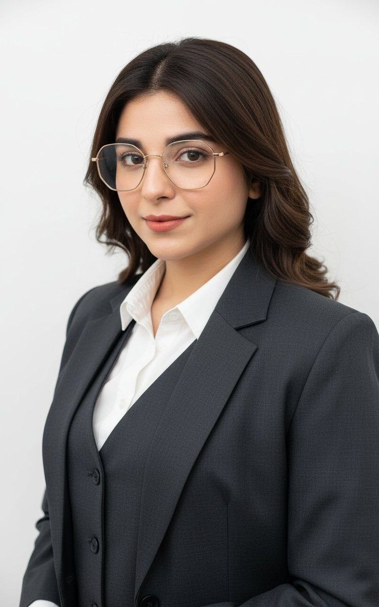 Close-up portrait of a confident individual in a dark suit, modern glasses reflecting light, set against a clean white background.