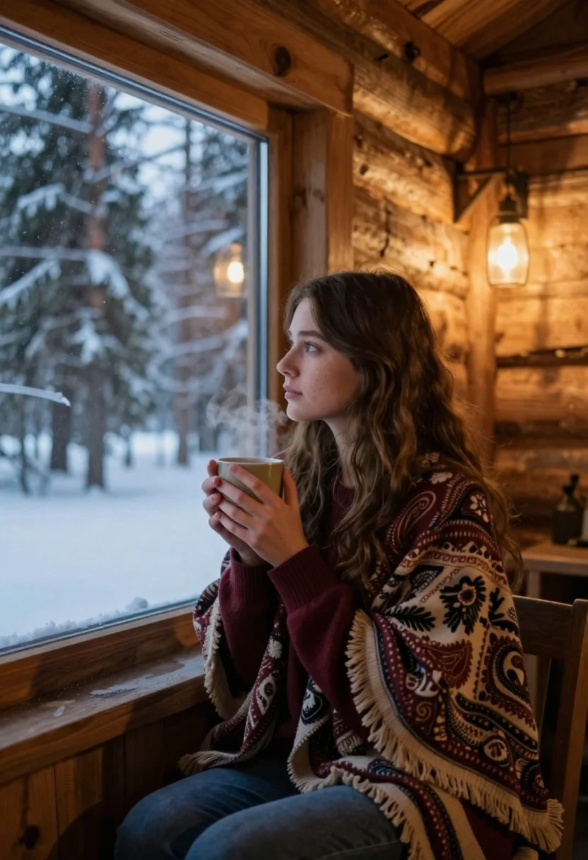 Young Woman With Long Brown Hair Sits Large Window Cozy