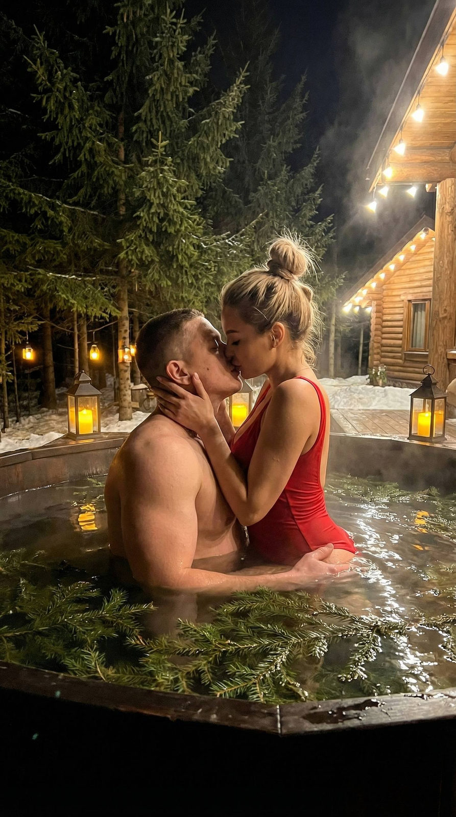 Young couple embracing in a wooden hot tub, surrounded by pine trees and soft yellow lights, creating a cozy nighttime atmosphere.