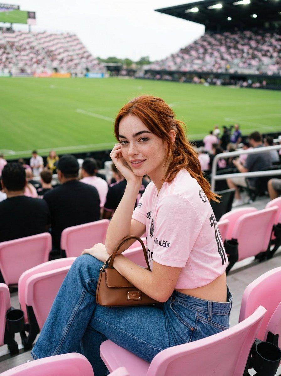 A photorealistic woman with red hair in a low ponytail sitting on pink stadium seats, wearing a pink soccer jersey crop top and denim jeans.