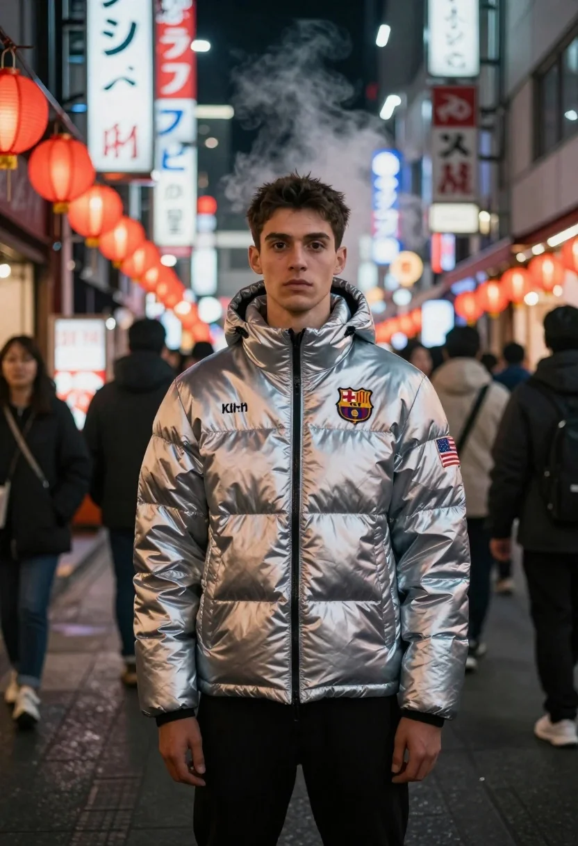 Photorealistic Street Photography Young Man Standing The Center Bustling Asian reference photo