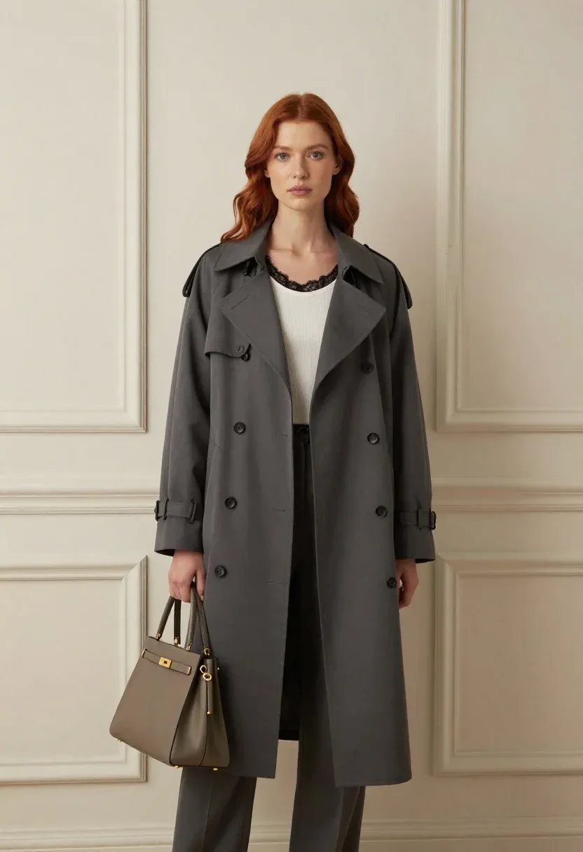 Full-body Shot Stylish Woman Standing Against Cream-colored Paneled Wall Subject