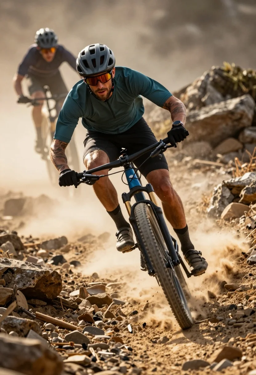 Dynamic Low-angle Shot Man Riding Mountain Bike Aggressively Down Dusty