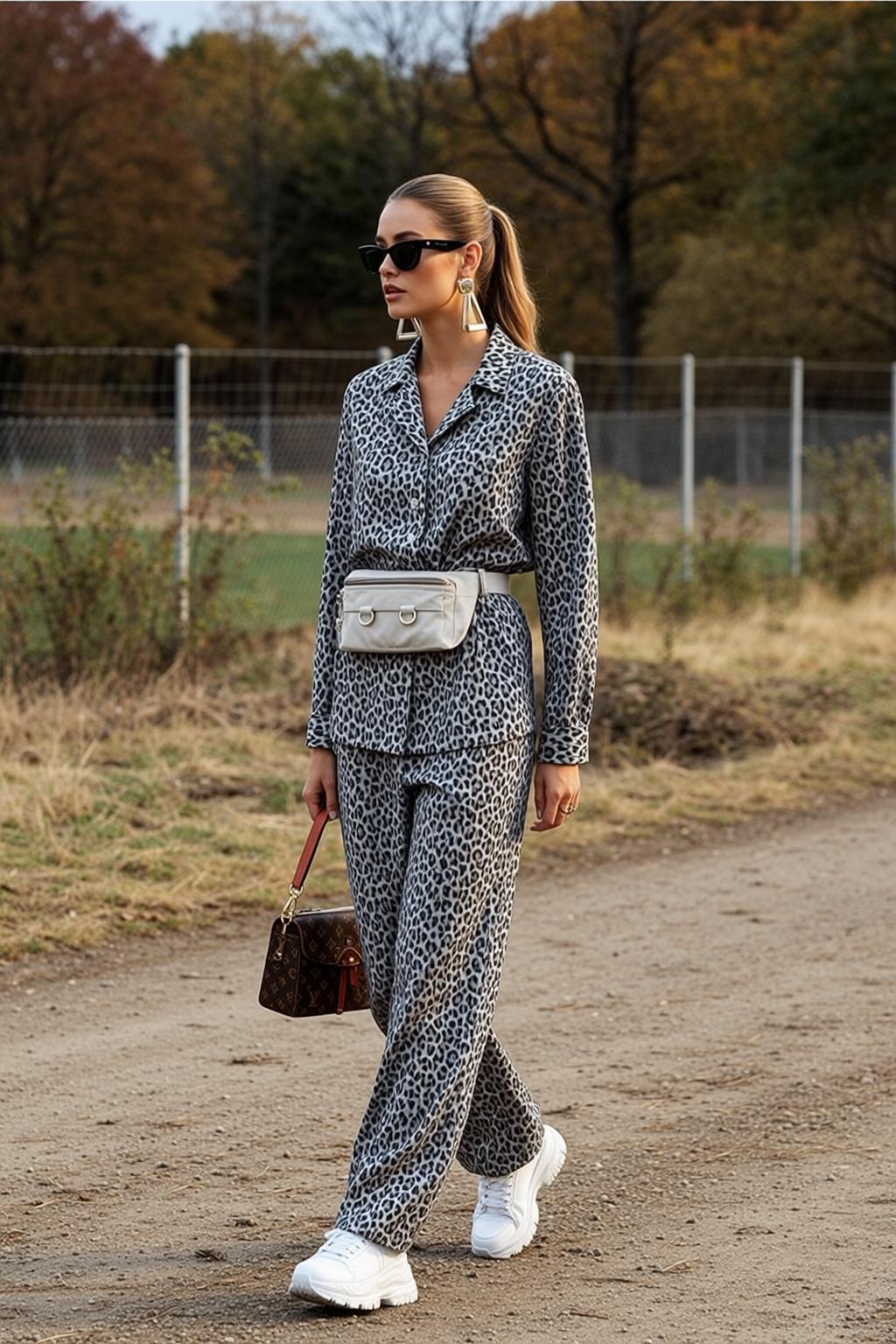 Leopard Print Pajamas Walking Towards Viewer