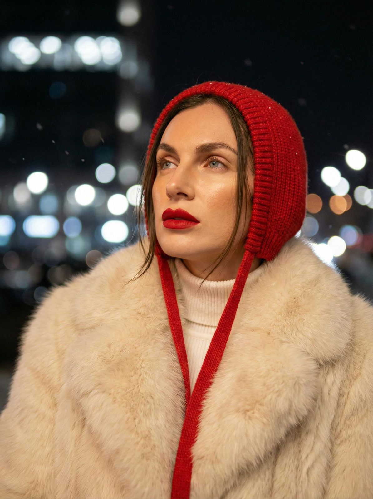 Close-up portrait of a woman in a voluminous fur coat, standing in an illuminated city with blurred lights behind her.