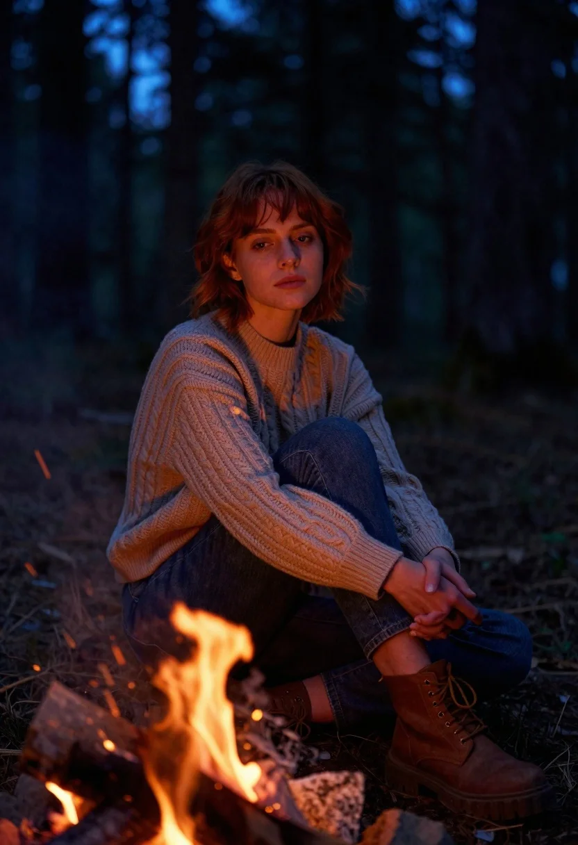 A young woman with short reddish-brown hair sitting pensively beside a crackling campfire, warm light on her face.
