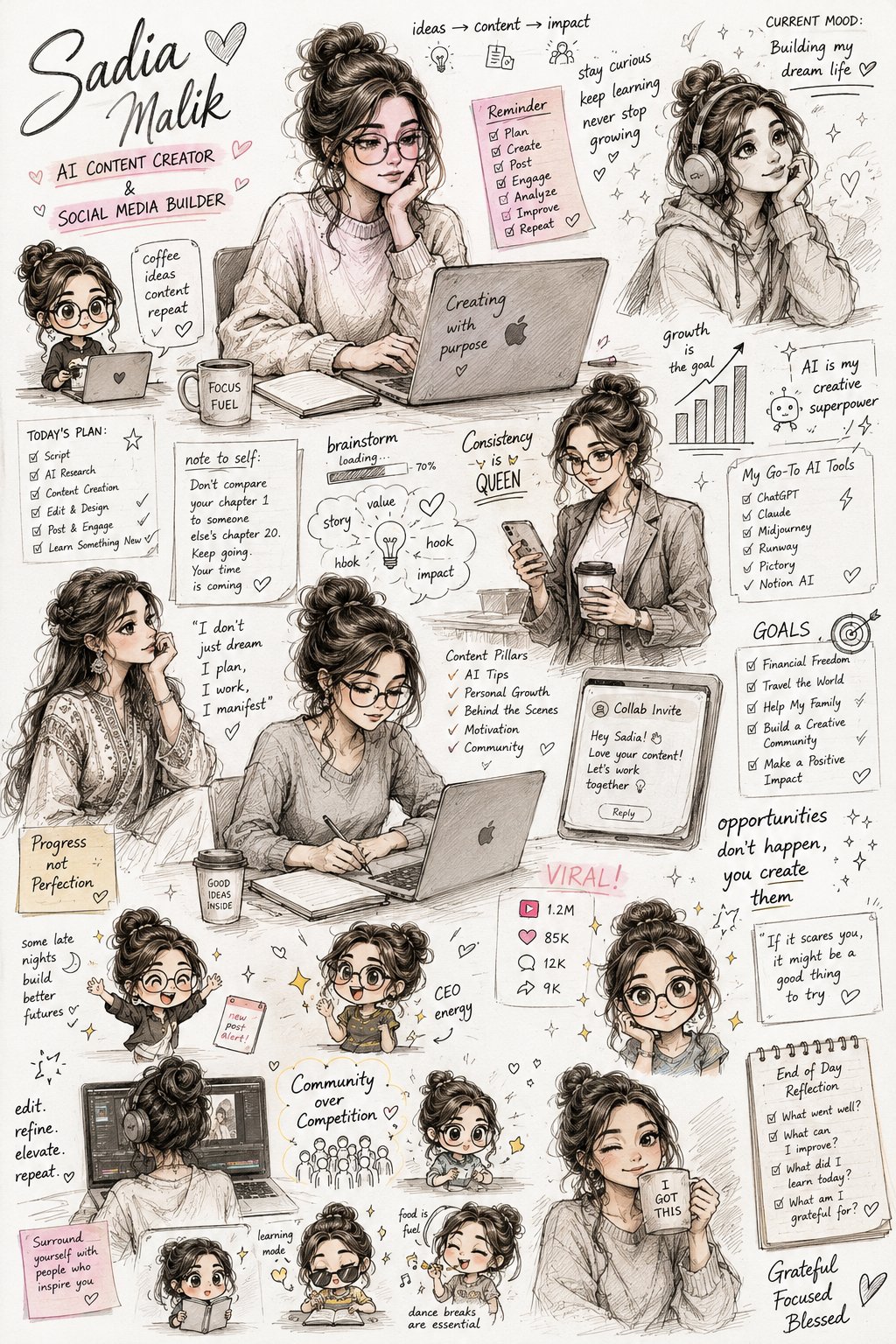 Hand-drawn sketch of a character in cozy outfits with notes and a laptop.