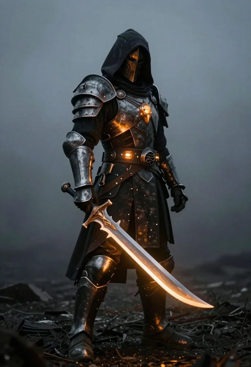 Subject Hooded Warrior Clad Dark Metal Armor With Glowing Orange reference photo