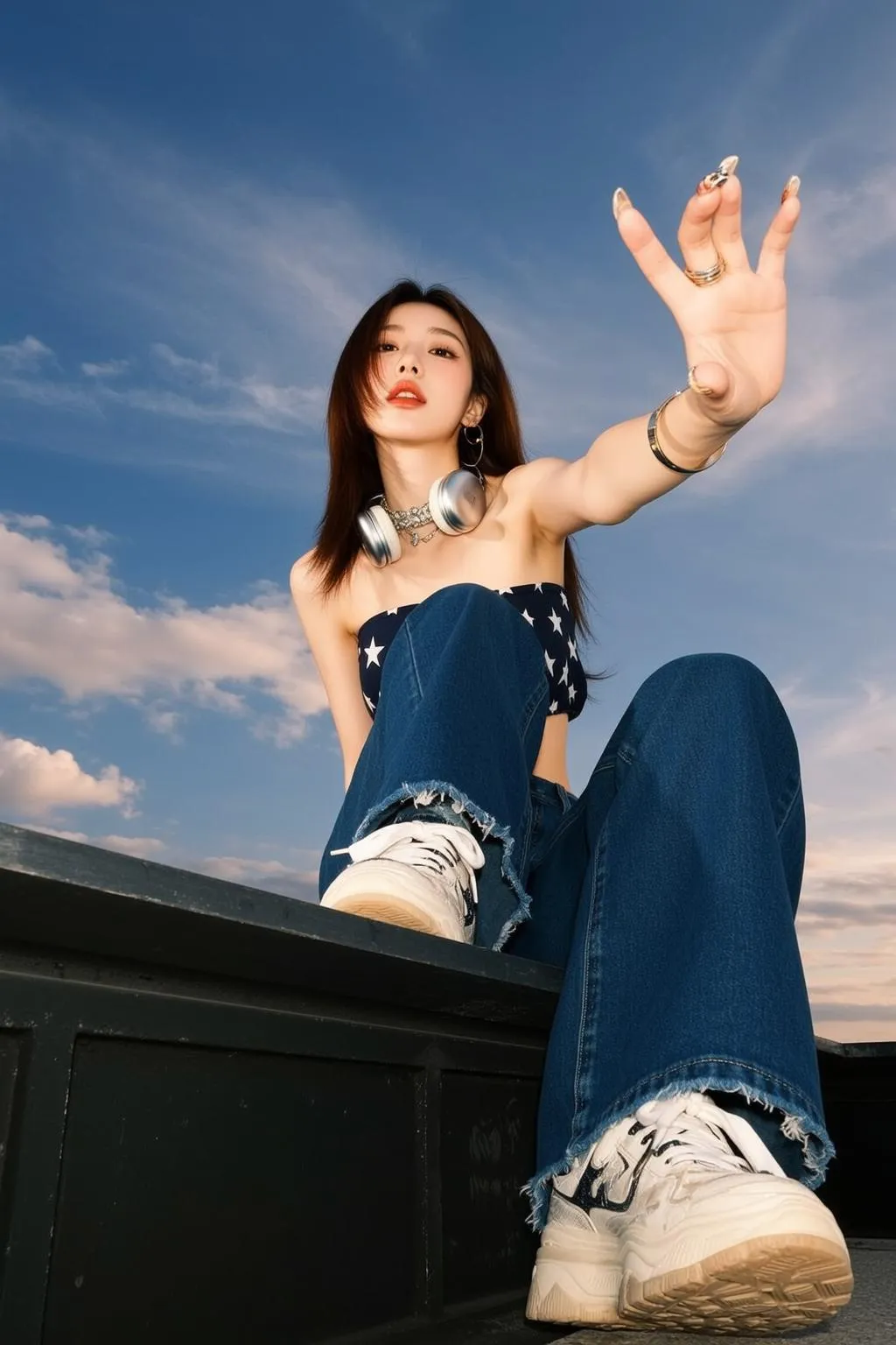 Earrings Necklace Bracelets And Rings In Denim Portrait