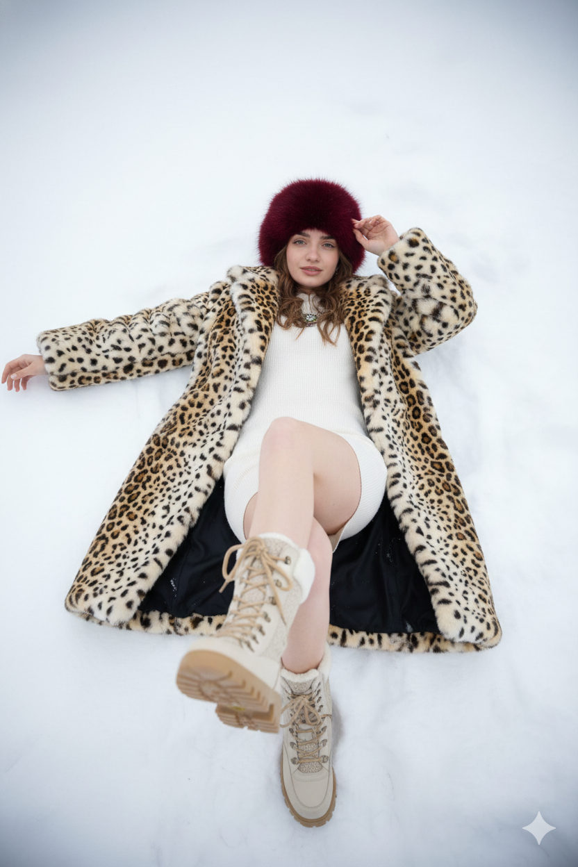 A woman lying in untouched snow, wearing a light cream faux-fur coat and a dark red fur hat, showcasing playful confidence.