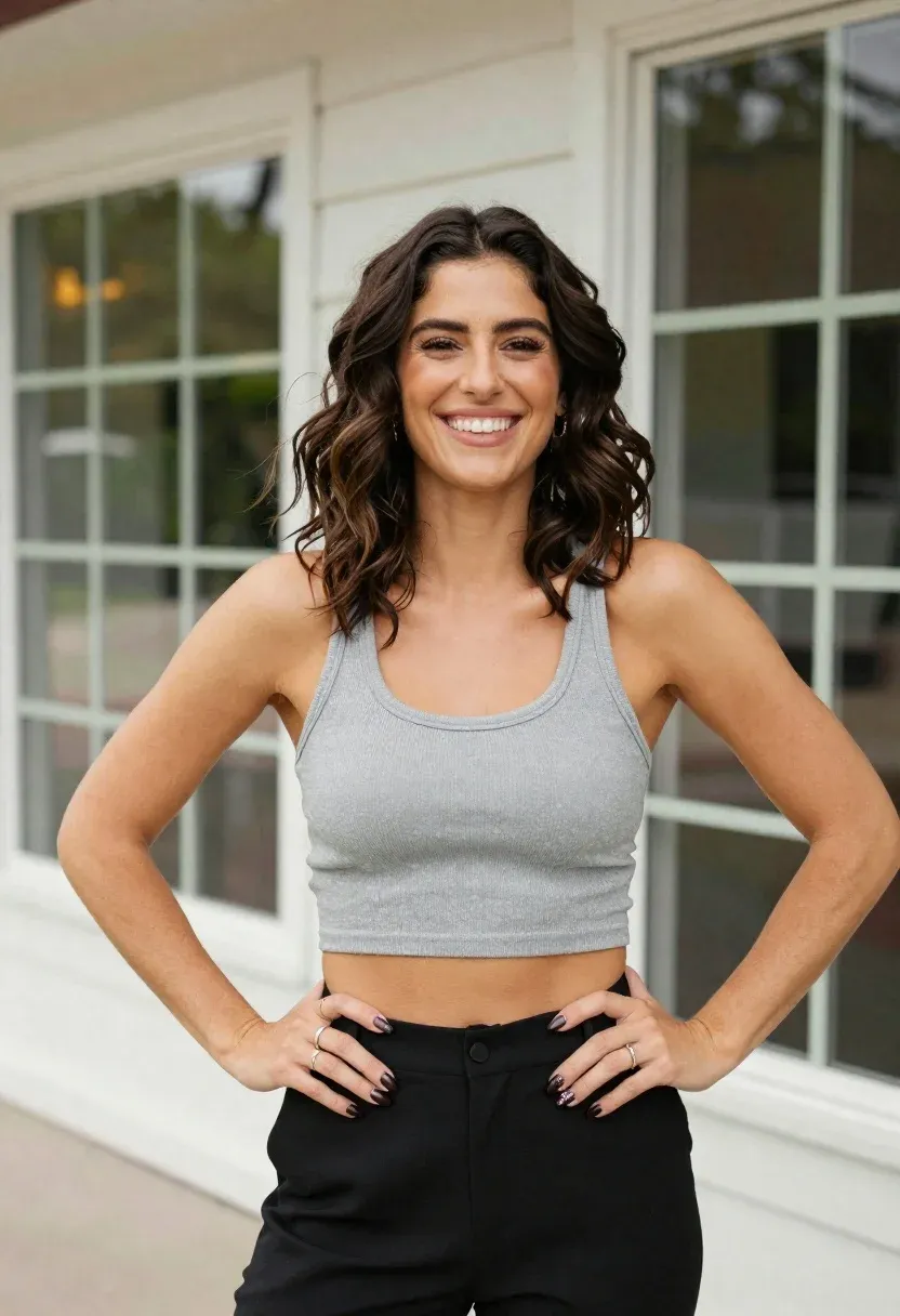 Smiling Woman With Dark Wavy Hair Stands Confidently Outdoors Front