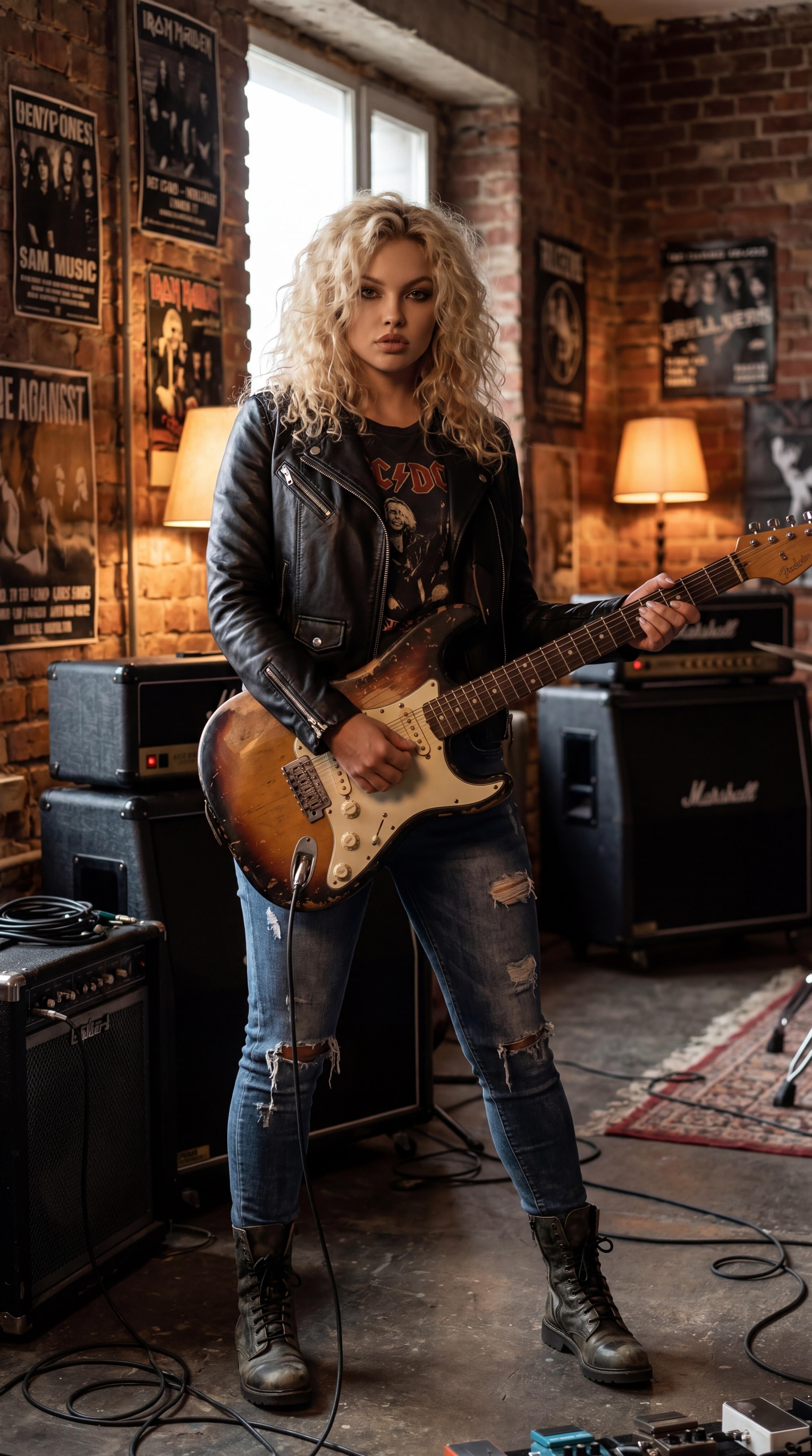 Black Leather Motorcycle Jacket Over Vintage Ac In Knees