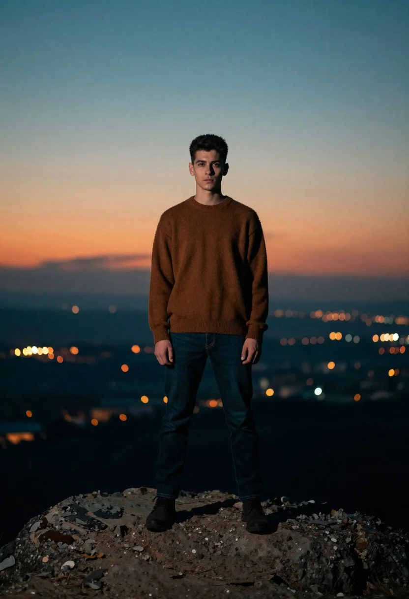 A young man standing on a rocky outcrop with a twilight sky behind him, soft lighting highlighting his figure.