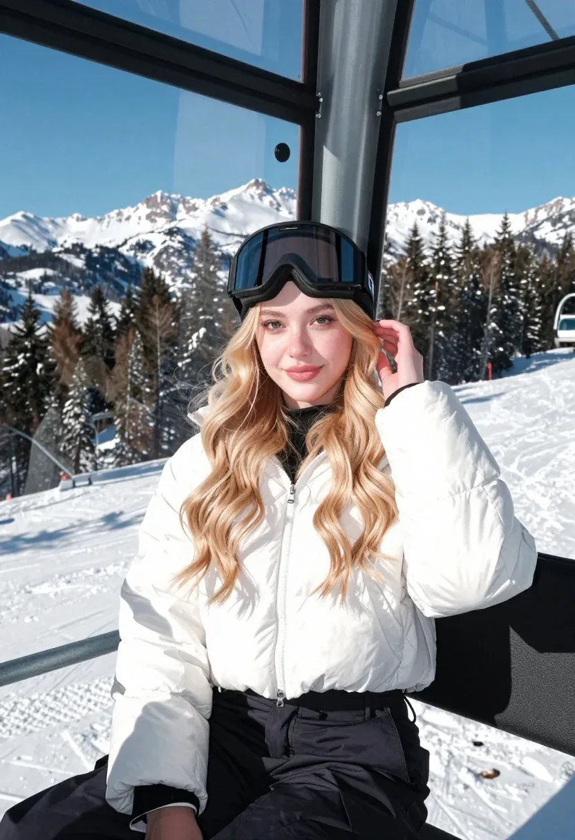 Young Woman With Long Wavy Blonde Hair Sits Ski Lift