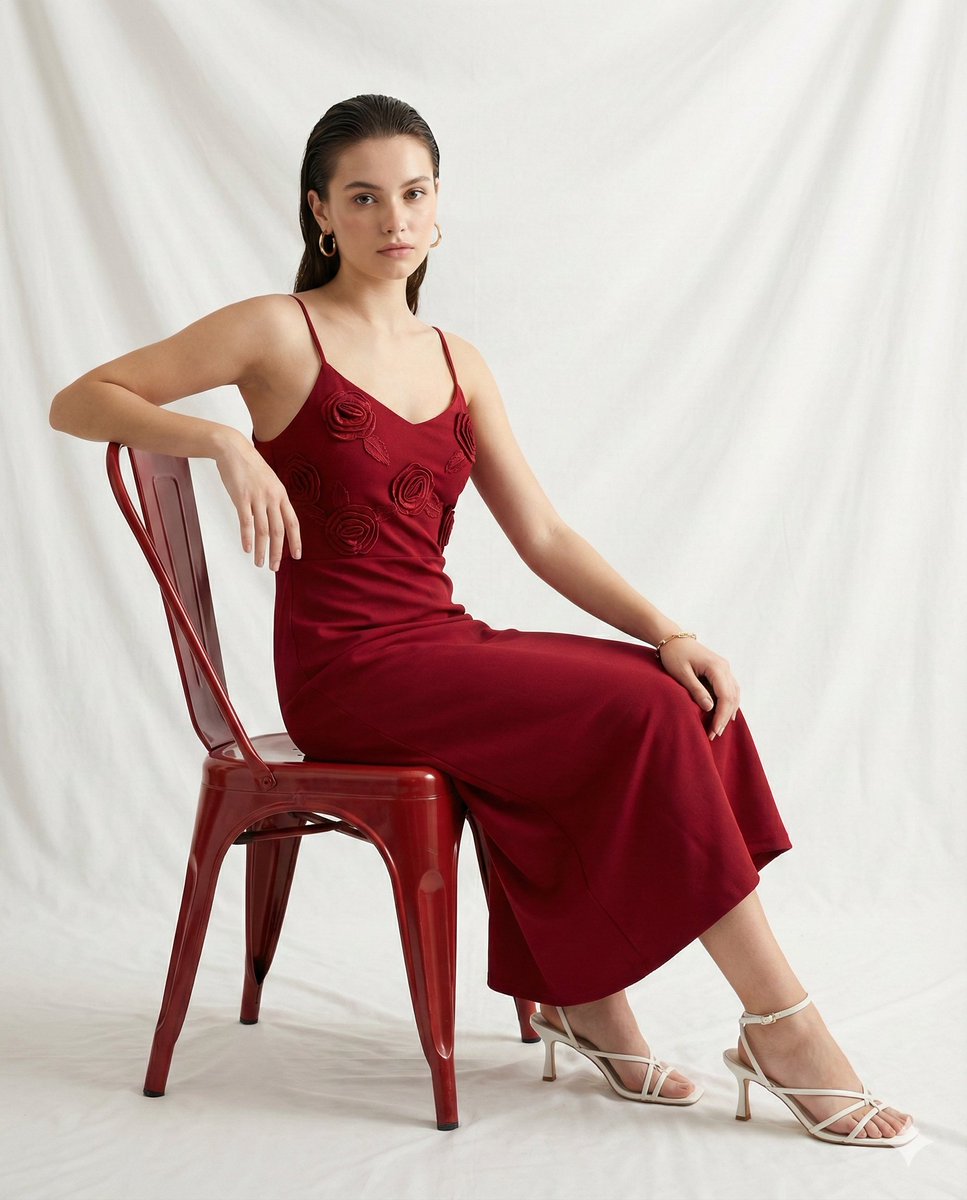 A light-skinned woman in a deep red dress sits elegantly on a glossy red chair, showcasing her sophisticated look against a textured white backdrop.