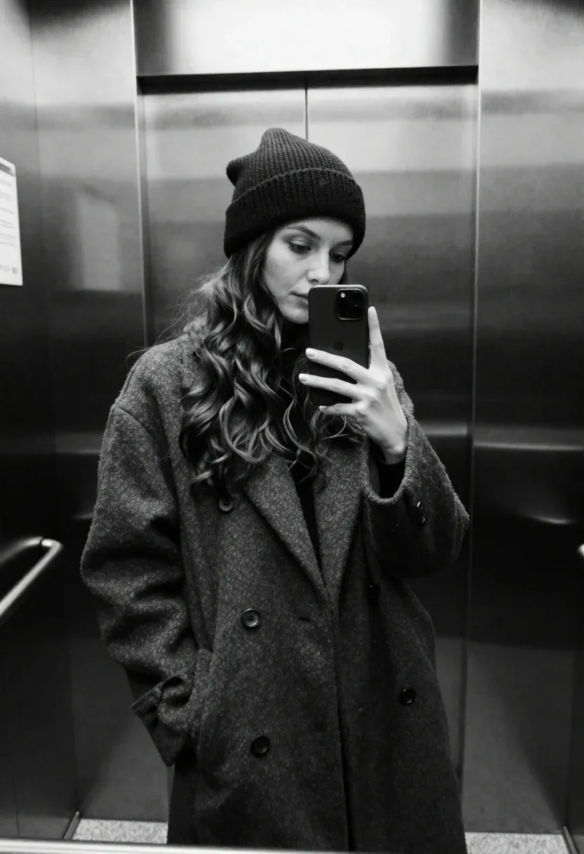 Woman Stands Profile Inside Elevator Taking Mirror Selfie With Smartphone