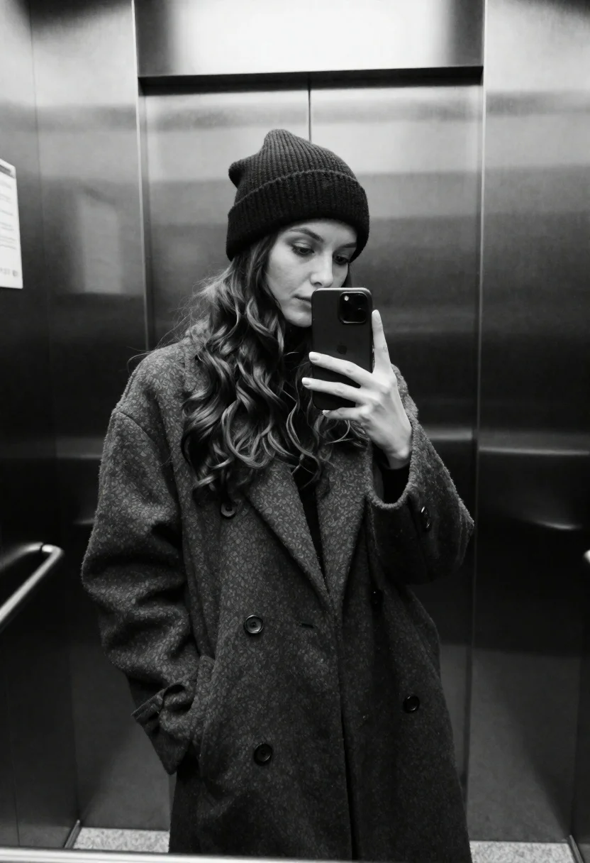 Woman Stands Profile Inside Elevator Taking Mirror Selfie With Smartphone