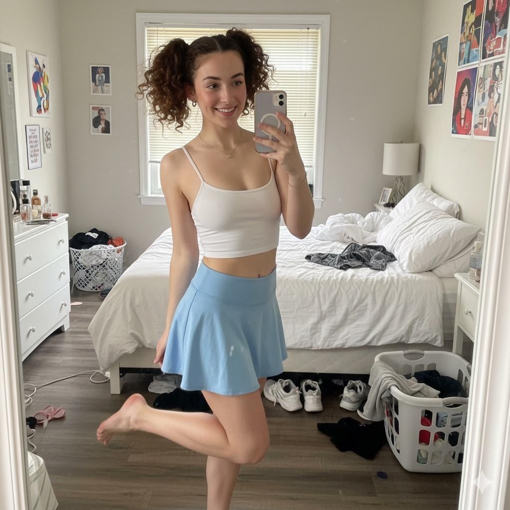 Realistic Bedroom Mirror Selfie Pigtails reference photo