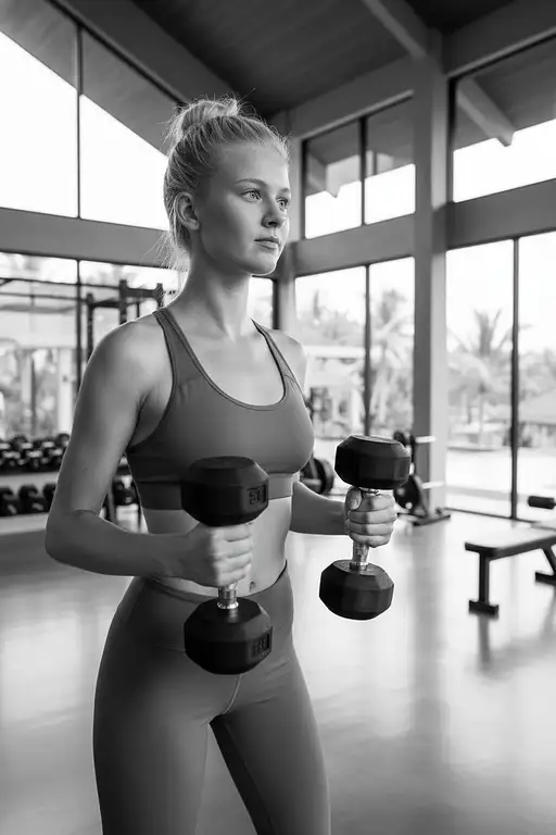 Close-up of a model with dumbells, beautifully lit in an ultra modern gym setting in Bali