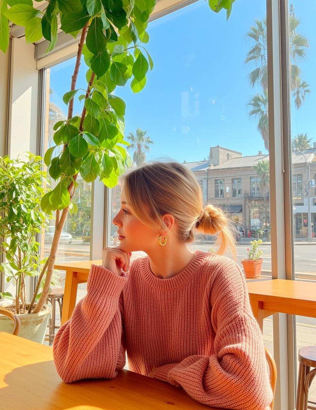 Coral Knit Sweater Woman Window Profile