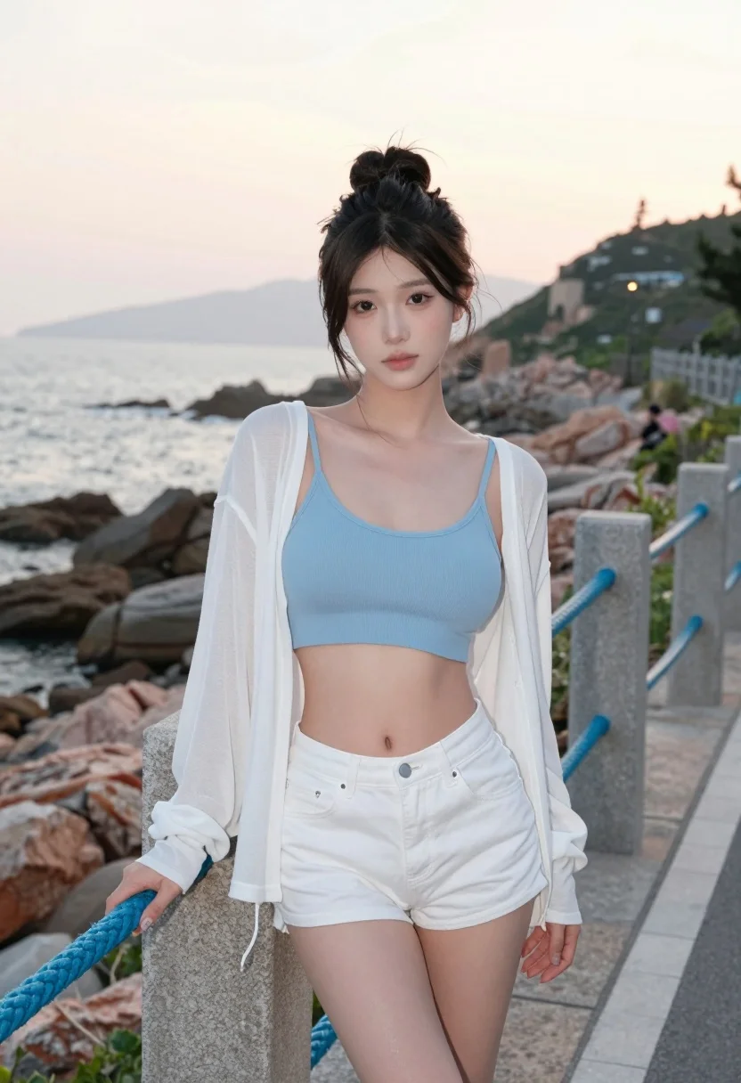 Young Woman Stands Leaning Against Concrete Railing With Blue Rope