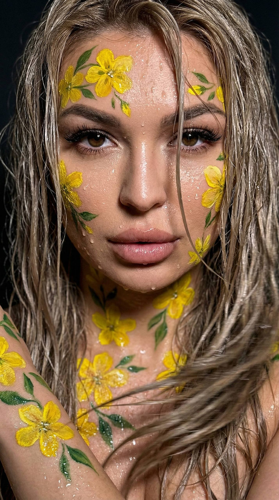 Close-up portrait of a woman with wet hair and yellow flowers on her skin, showcasing a confident gaze and reflective skin.