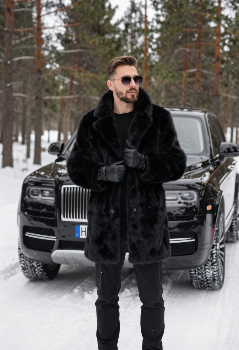 Stylish Man Stands Confidently Snowy Forest Clearing With Black Luxury