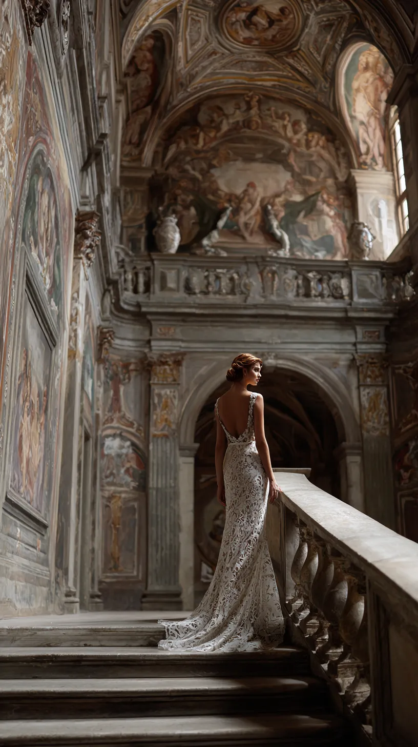 White Lace Wedding Gown Historic Palazzo Staircase
