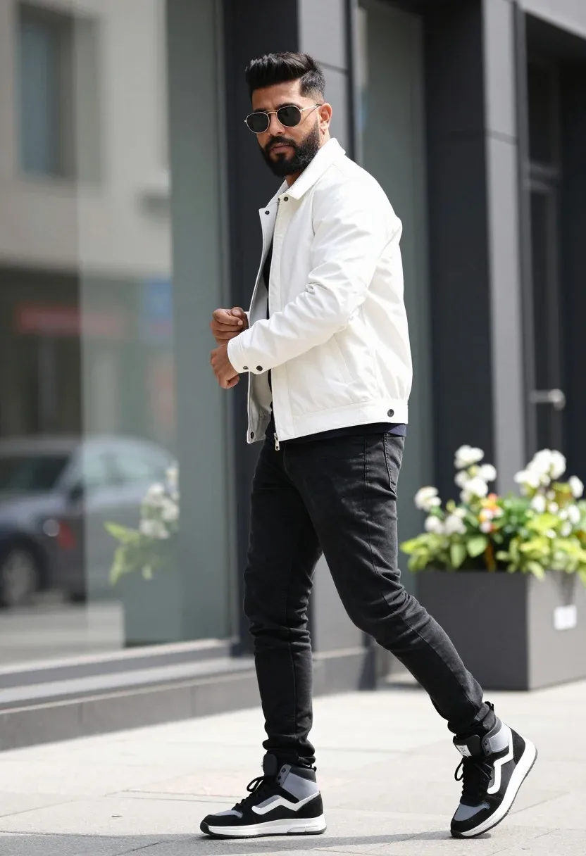 Man Stands Dynamic Pose Against Modern Building With Glass Windows