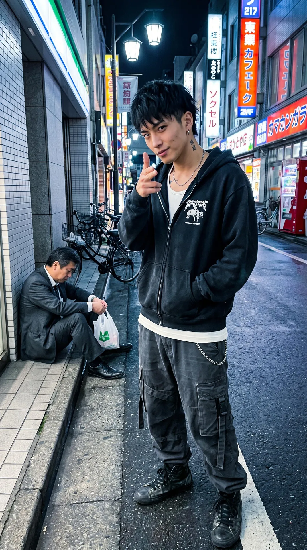 City Alleyway Night Man Pointing Camera