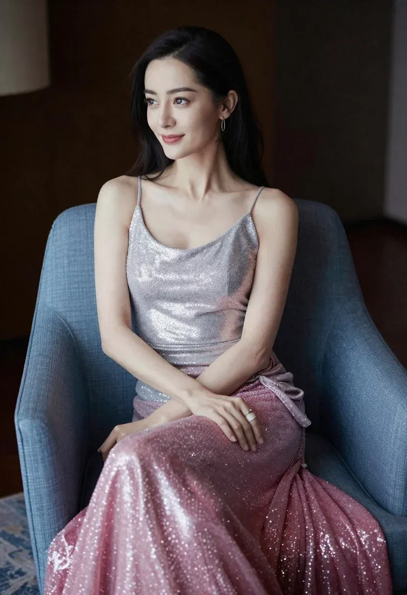 Woman With Long Dark Hair Sits Blue Armchair Wearing Shimmering