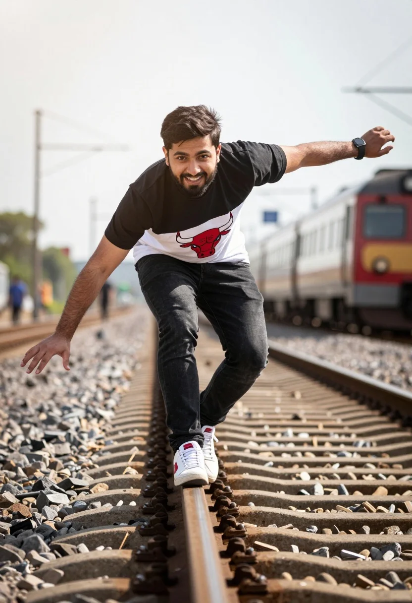 A man expertly balancing on a railway track with a blurred train approaching in the background, highlighting focus and motion.