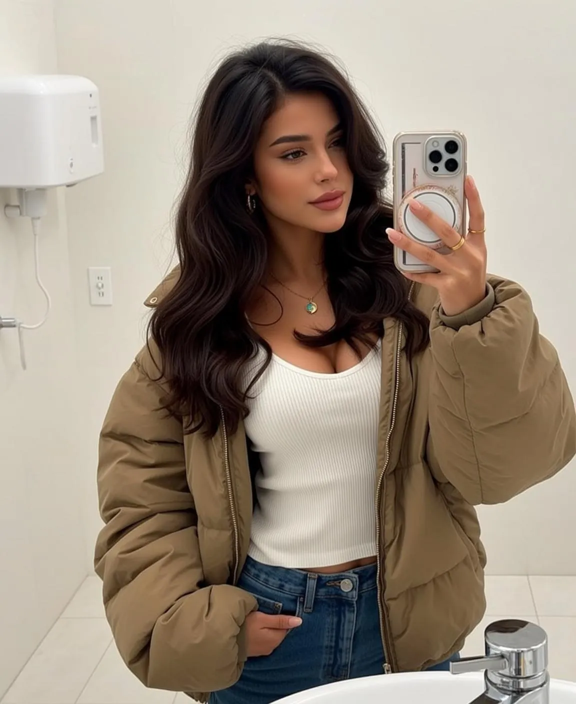 Explore Young Stands Holding Smartphone Her Right