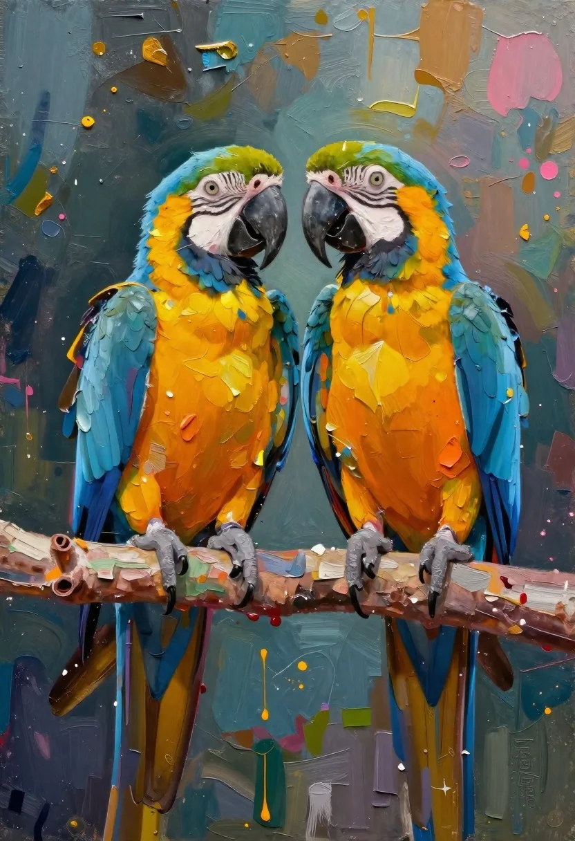 Oil Painting Two Vibrant Blue-and-yellow Macaws Perched Rough Branch Rendered reference photo