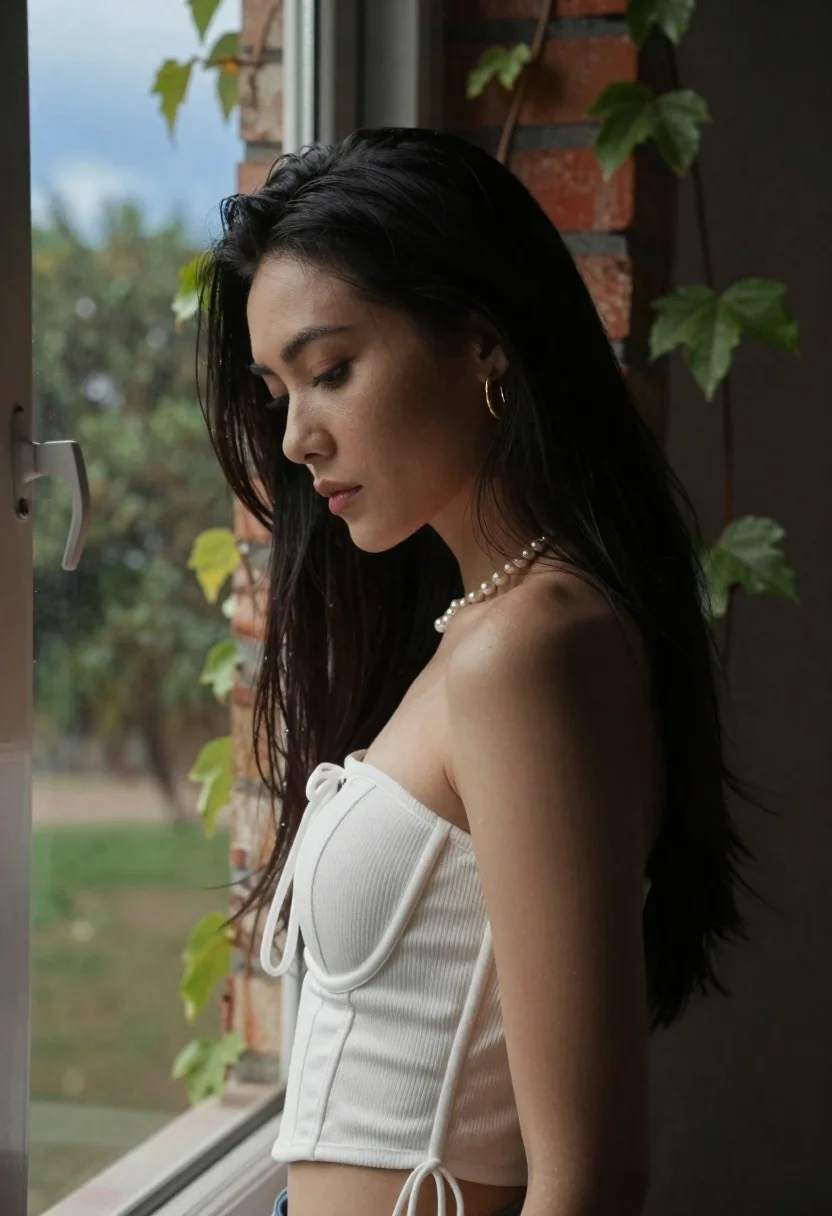 Woman Stands Profile Near Window Frame Gazing Downward With Long reference photo