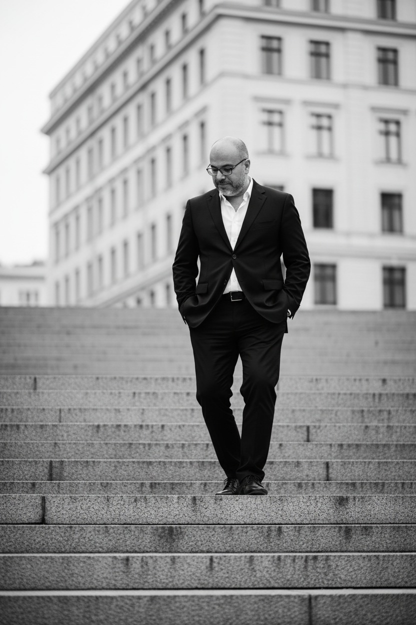 A black and white photograph of a bald man in his 50s descending stone stairs in an urban setting, looking contemplative.