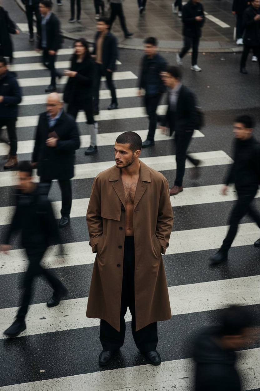 A person in a brown trench coat stands in a busy crosswalk, surrounded by blurred pedestrians. Natural urban daylight highlights the scene.