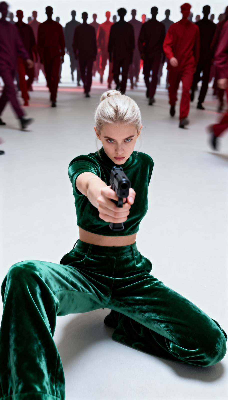 A photorealistic studio portrait of a woman in an emerald-green velvet outfit, crouching with a pistol, set against a blurred red background.