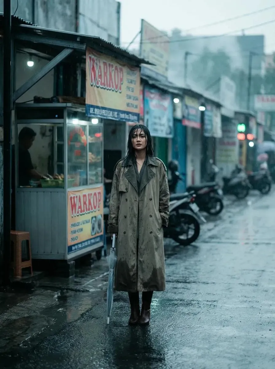 Indonesian Woman Wet Pavement Soft Rain Blur