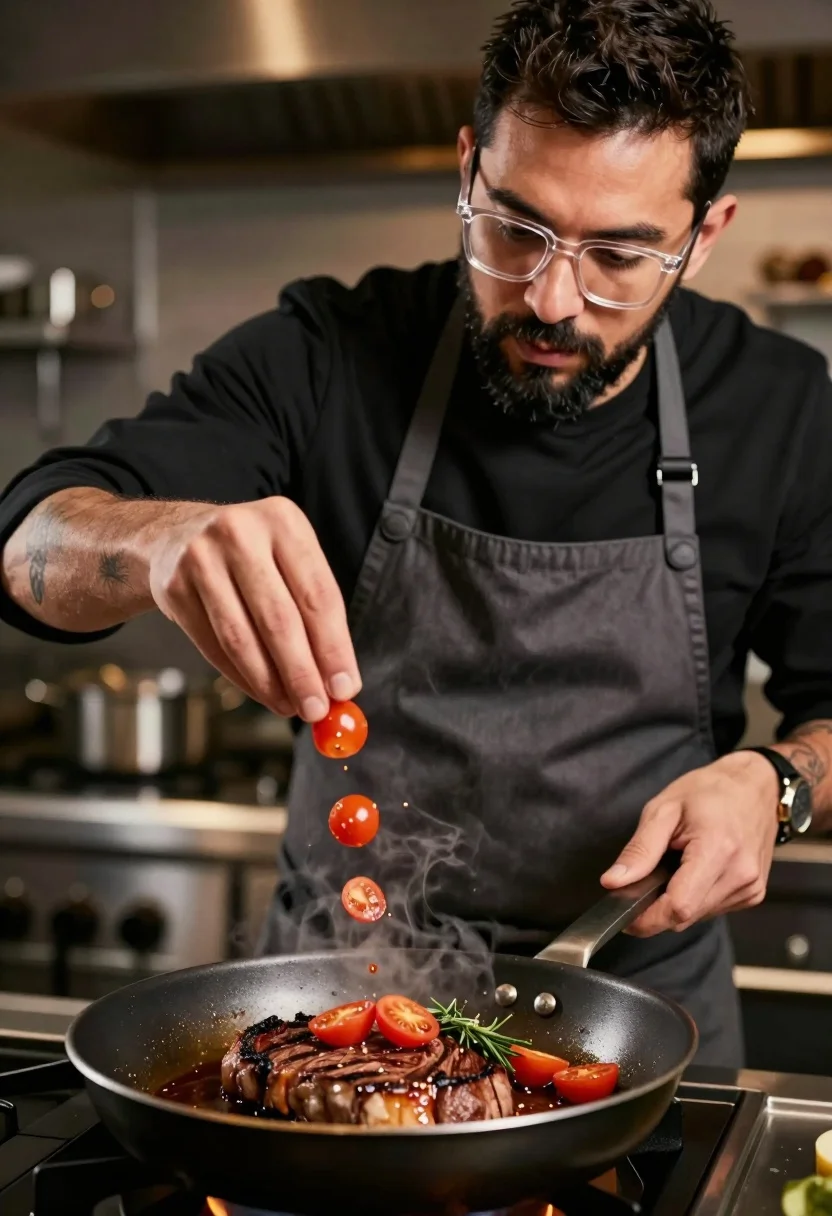 Focused Male Chef With Dark Hair And Beard Wearing Clear-framed
