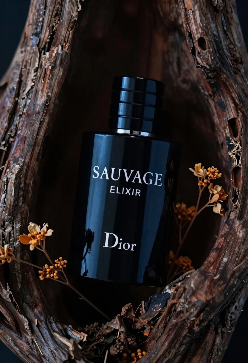 Sleek Black Perfume Bottle Rests Inside Dark Textured Hollow Weathered